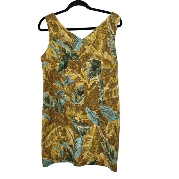 Vtg Mini Shift Dress Sz 10 Leaf Print Sleeveless V-Neck Brown Topical Resort - Picture 2 of 11